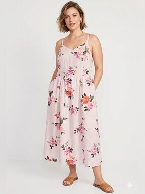 Old Navy Pink Floral Linen Blend Cami Midi Dress Pockets XL